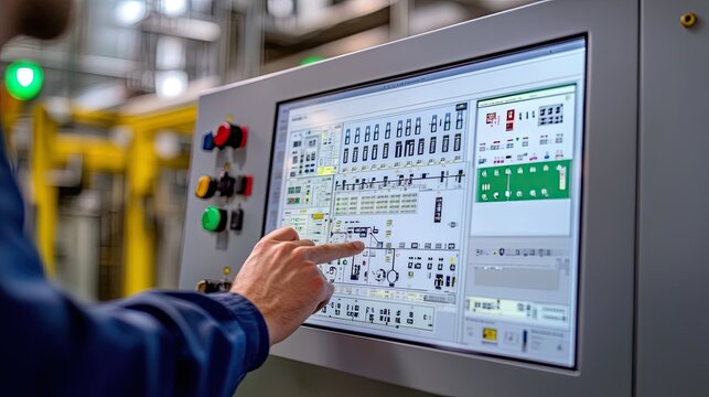 Male engineer in a factory working in a screen with scada system