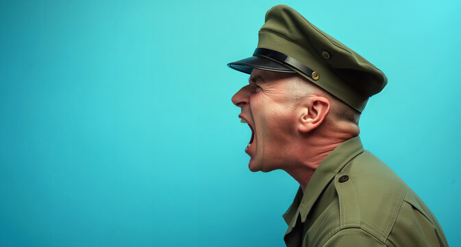 Man in army uniform and hat, angry screaming or shouting expression, Drill sergeant portrait profile view studio photo, copy space on side. Generative AI
