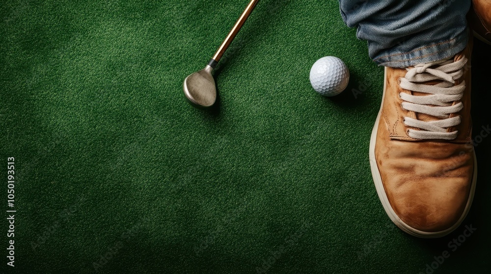 Wall mural a top-down perspective captures a golf ball next to a club, paired with brown shoes on a lush green 