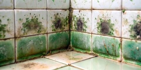 A corner of a tiled wall covered in green and black mold, a sign of neglect and dampness
