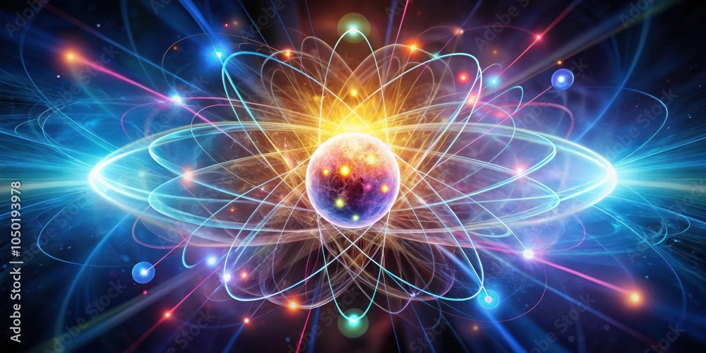 Poster A vibrant abstract representation of atomic structure with swirling energy lines, glowing particles, and a central nucleus, showcasing the intricate dance of subatomic particles.