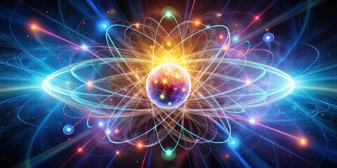 A vibrant abstract representation of atomic structure with swirling energy lines, glowing particles, and a central nucleus, showcasing the intricate dance of subatomic particles.