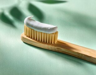 bamboo toothbrush with toothpaste on mint background close up view in sunlight
