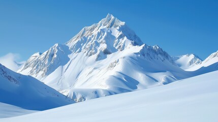Obraz premium Majestic Snow-Capped Mountain Peak Against a Clear Blue Sky in a Winter Wonderland.