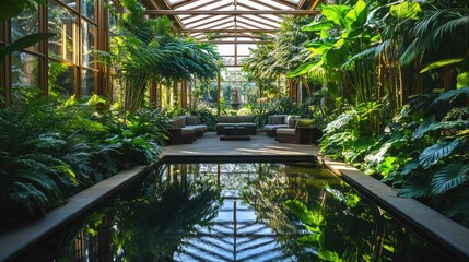 Fototapeta premium A tranquil indoor greenhouse with lush greenery