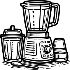 Black Line Art Blender Set Kitchen Electronic Tools Hand Drawn Illustration