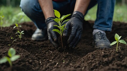 Fototapeta premium Hands Planting Young Tree. A Green Concept for Planting and Caring for Young Trees in a Sustainable Environment.