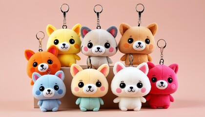 An adorable plush keychain featuring a cute animal design, providing a fun way to keep keys organized while adding a pop of color to bags, Generative AI