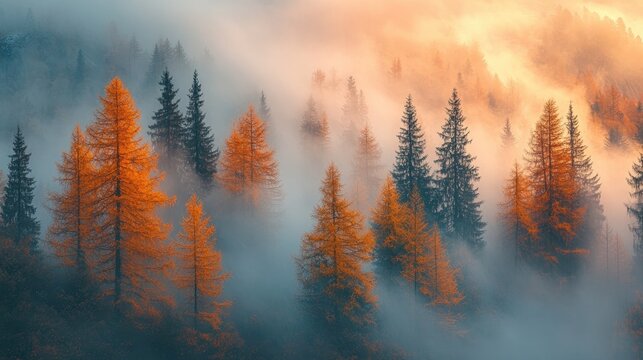 Golden autumn larch trees emerging from misty fog in an alpine forest
