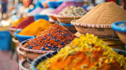 Fototapeta premium A bustling market in Marrakech with vibrant textiles and traditional handicrafts, Cultural setting with marketplace diversity, Festive style