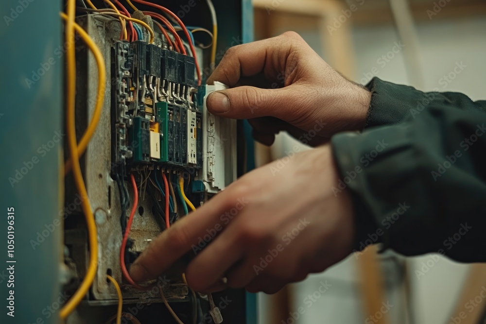 Poster electrician connecting wires in fuse box with dirty hands