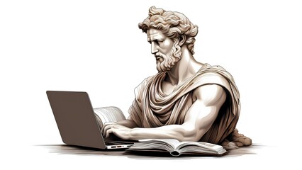 Obraz premium Greek sculpture with laptop on white background. Sculpture of Greek philosopher in front of computer.