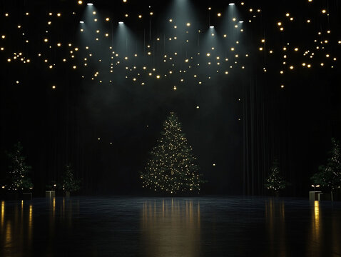 Minimalistic Christmas Background: Christmas trees on black background, lights