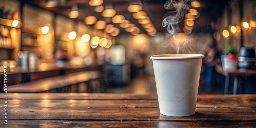 Poster A steaming cup of coffee on a wooden table in a dimly lit cafe with soft bokeh lights in the background.