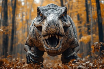 Fototapeta premium Tyrannosaurus rex roaring in autumn forest: majestic dinosaur emerging from prehistoric woods