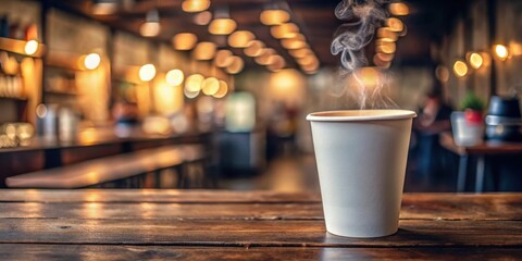 A steaming cup of coffee on a wooden table in a dimly lit cafe with soft bokeh lights in the background.