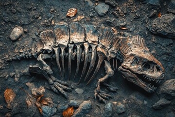 Naklejka premium Dimetrodon skeleton lying on the ground with autumn leaves and rocks