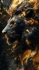 Golden Accents on Black lion Head in Dark Fantasy Art