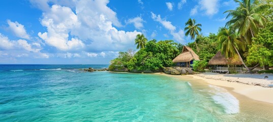 Naklejka premium Tropical Island Paradise Banner for Travel Agencies Featuring Beaches and Turquoise Waters