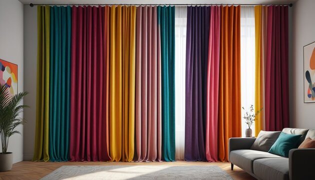 An artistic plush curtain with colorful designs, adding a playful touch to any room while providing privacy and light control, Generative AI