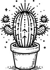 Black Line Art Decorative Cactus Plants Hand Drawn Illustration