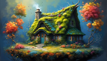Fototapeta premium Magical Moss Covered Cottage In Autumn Forest
