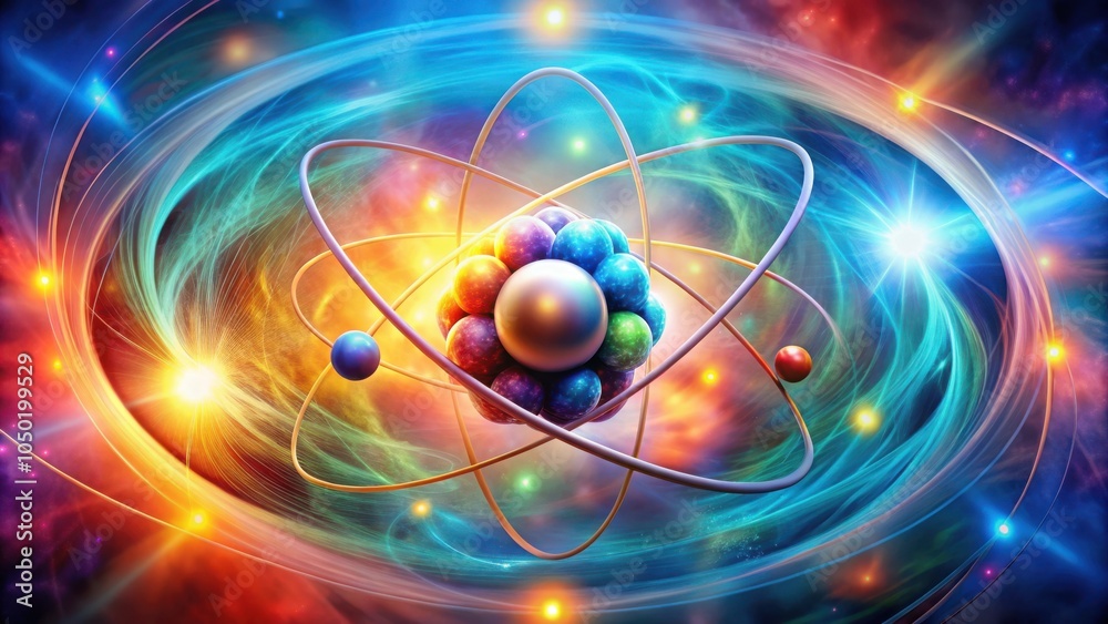 Leinwandbilder a colorful abstract representation of an atom with orbiting electrons, set against a cosmic backdrop
