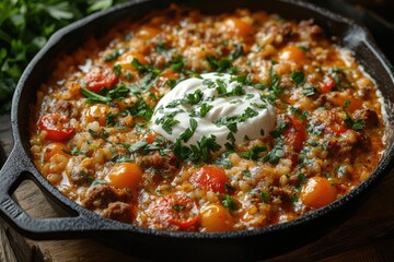 Delicious one-pot sausage and rice skillet dinner with sour cream and parsley