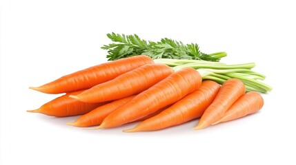 Freshly harvested carrots with vibrant green tops, showcasing their natural beauty against a pristine white background in a stunning side profile