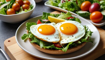 A picturesque sunny-side-up egg with a glossy yolk and crunchy edges, served alongside a vibrant salad for a fresh and healthy meal, Generative AI