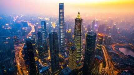 Naklejka premium A dazzling cityscape at night, alive with glowing skyscrapers and bustling streets, capturing the essence of urban energy and architecture. 