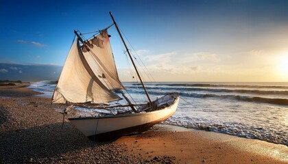 Fototapeta premium sailboat wrecked and stranded on the beach