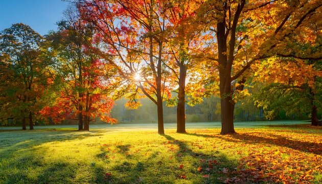trees with multicolored leaves on the grass in the park maple foliage in sunny autumn sunlight in early morning in forest