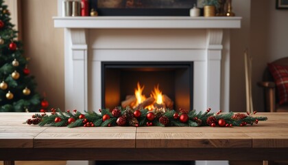 A cozy empty wooden table adorned with a festive runner and placed in front of a crackling fireplace, embodying the essence of Christmas warmth, Generative AI