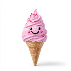 A whimsical pink ice cream cone with a smiling face and cute features on a white background.