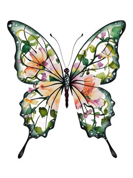 Floral Butterfly Clipart Bundle &ndash; Watercolor Botanical Butterfly Illustrations with Floral Details, Digital Download