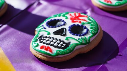 Close-Up of Tasty Sugar Skull Cookie on Purple Tablecloth in Bright Light