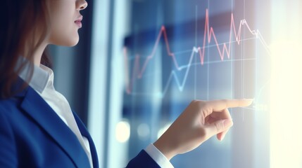 A businesswoman in formal attire interacts with a digital display, analyzing financial data trends through touch gestures in a sleek office environment