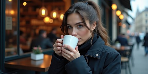 A woman enjoying a warm cup of coffee outside a café, exuding a cozy and inviting atmosphere, perfect for lifestyle, food and beverage, or café-themed content.