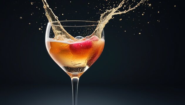 A playful splash of champagne in a sleek cocktail glass, reflecting the ambiance of a glamorous party and inviting excitement, Generative AI