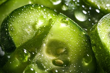 Close-up of fresh cucumber slices with droplets, showcasing their vibrant green color and juicy texture.