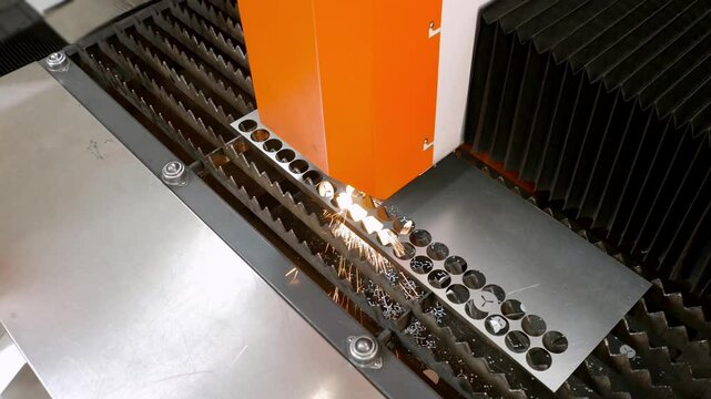 top view of The operation of an industrial laser cutter, which produces circular small components for metal sheet furniture.