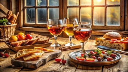 Fototapeta premium A rustic table setting with glasses of wine, bread, cheese, and tomatoes, bathed in the warm glow of the setting sun.