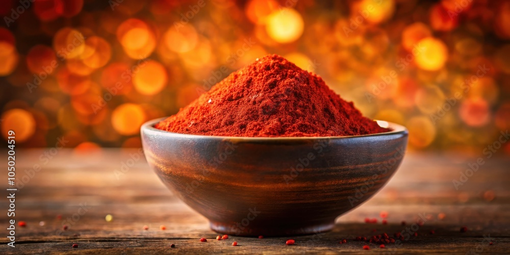 Poster a bowl of vibrant red paprika powder on a rustic wooden table with warm bokeh background
