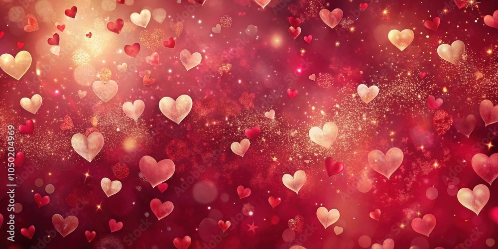 Poster a shimmering red and gold background adorned with a flurry of hearts, a symbol of love and affection