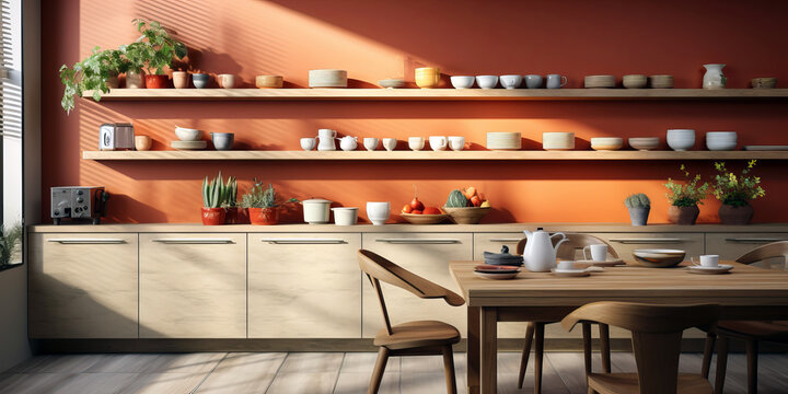 A modern kitchen with terracotta walls, wooden shelves displaying dishes, plants, and tableware, illuminated by natural light.