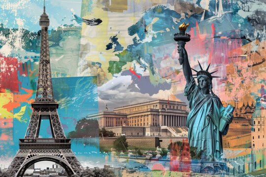 Global Travel Icons Collage Featuring Eiffel Tower and Statue of Liberty - Powered by Adobe