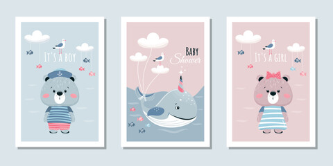 A set of festive templates for birthday invitation cards, a baby shower with funny cubs and a whale. Vector illustrations.