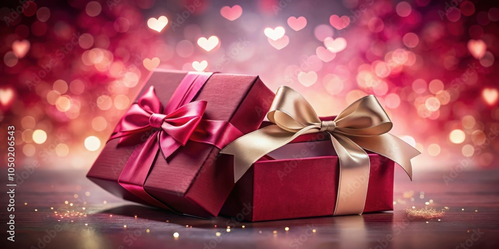 Poster A red gift box with a gold ribbon sits open on a wooden surface, illuminated by a background of soft pink and red heart-shaped bokeh.