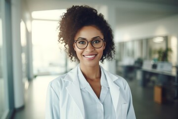 Fototapeta premium A confident woman with curly hair and glasses stands in a sleek, modern office space while wearing a lab coat. Sunlight floods in, illuminating her warm smile